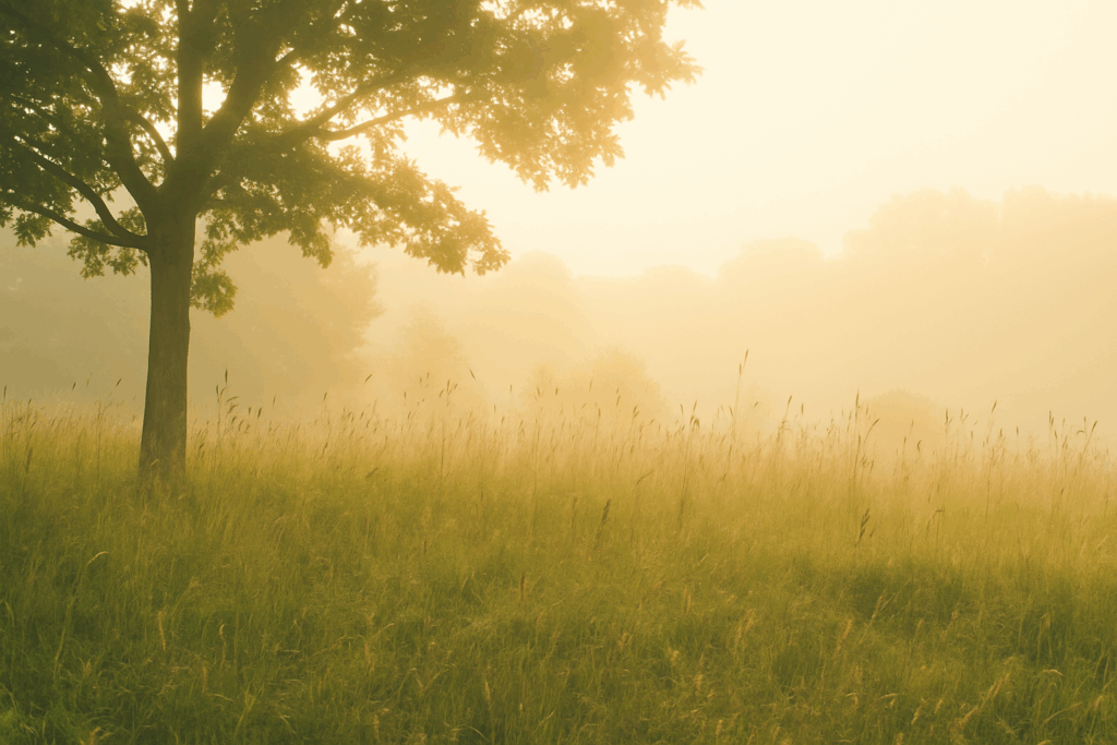 peaceful meadow in the morning with a light fog.